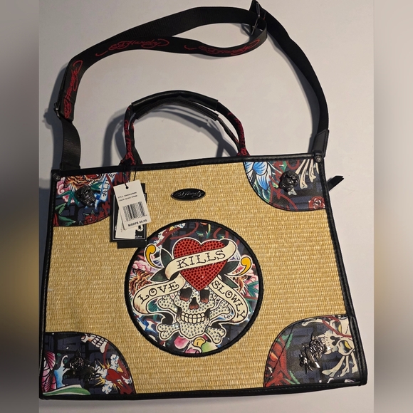 Ed Hardy Straw/Woven Tote Bag Rhinestones  Crossbody Strap Love Kills Slowly - Picture 2 of 14